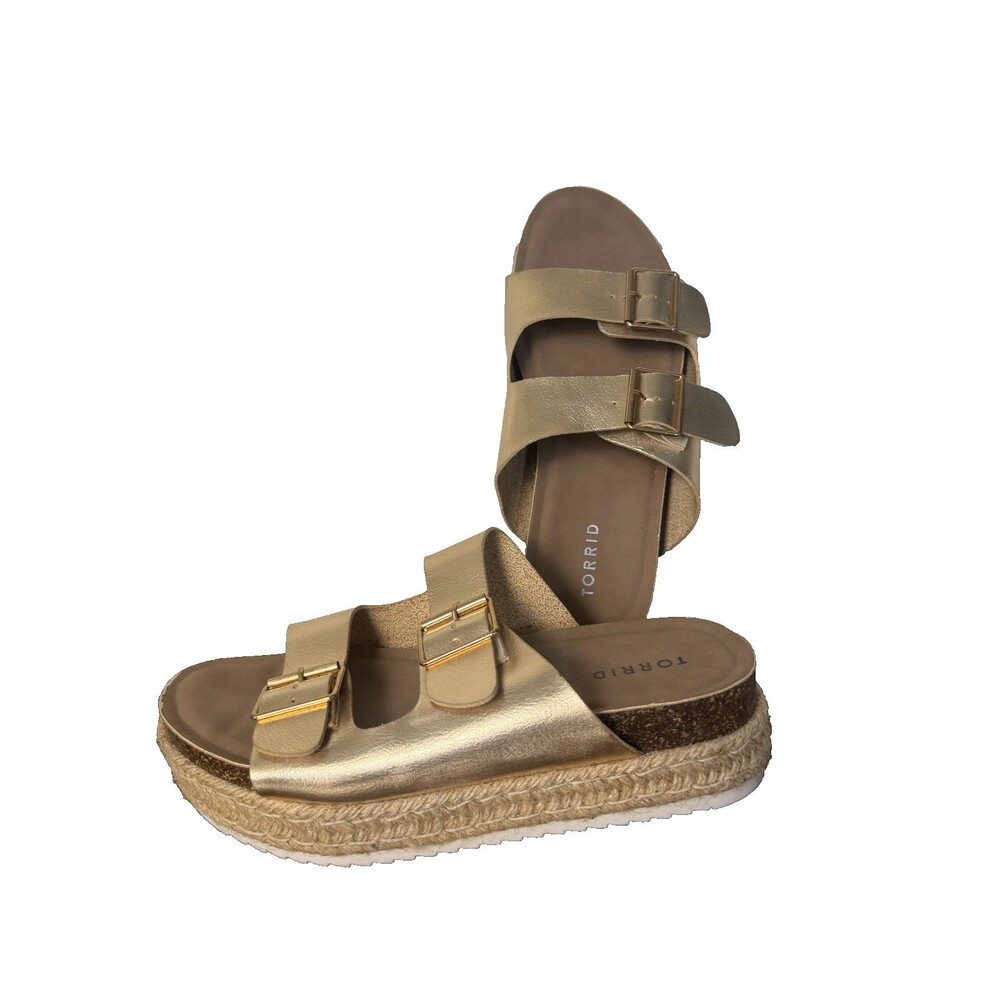 Torrid Womens 8.5 WW Gold Espadrille Platform Sandals Double Buckle Wide